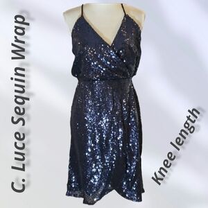 C Luce Blue Sequin Cocktail Wrap Halter Dress Med Knee Length Medium